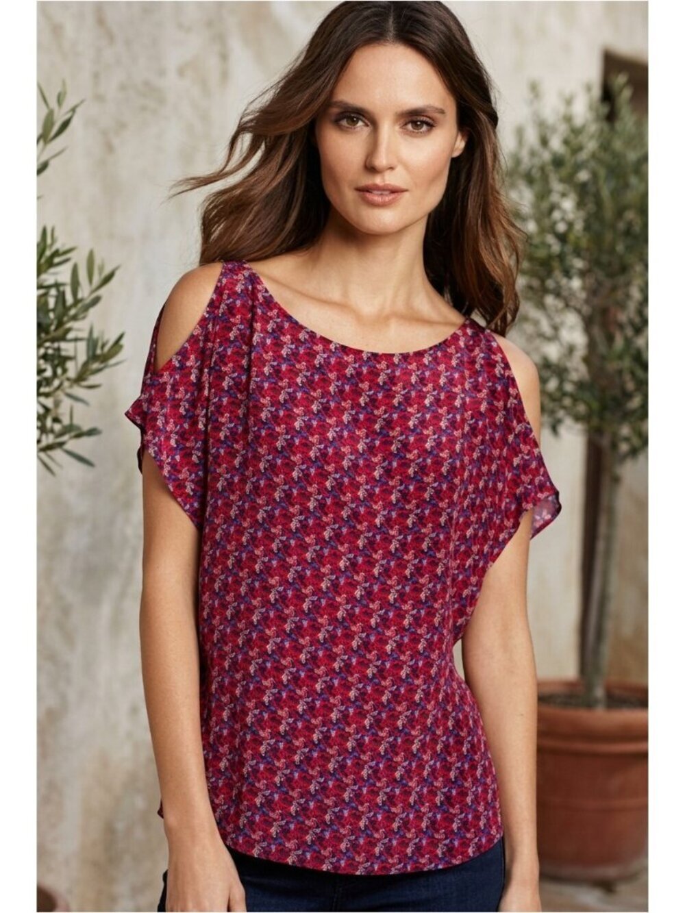 JOIE MEADOW CURRENT 100% SILK ABSTRACT CUTOUT COLD SHOULDER TOP